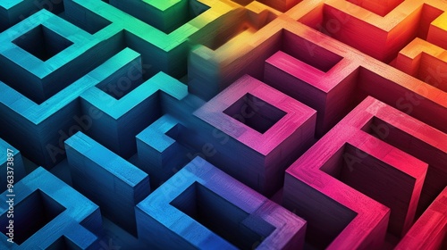 The artwork features an intricate maze constructed from concrete blocks, illuminated with bright, swirling colors, creating a visually striking pattern.