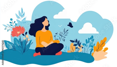 Wallpaper Mural A woman sits in a field of flowers and greenery, gazing up at a butterfly flying in the blue sky. Torontodigital.ca