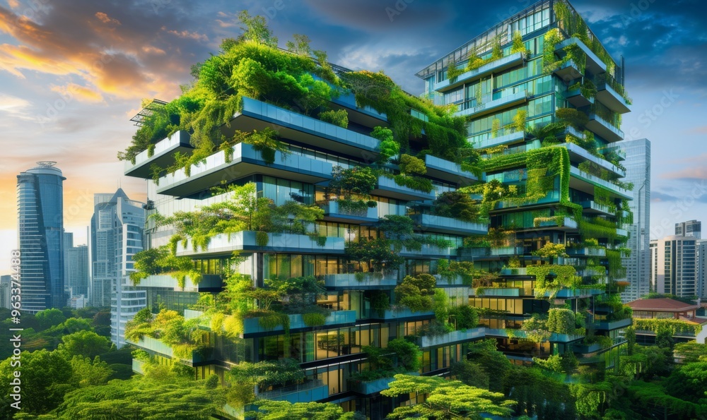 Obraz premium Glass building and green office in a modern city. Green, ecological and sustainable building. Carbon reduction and integration with nature