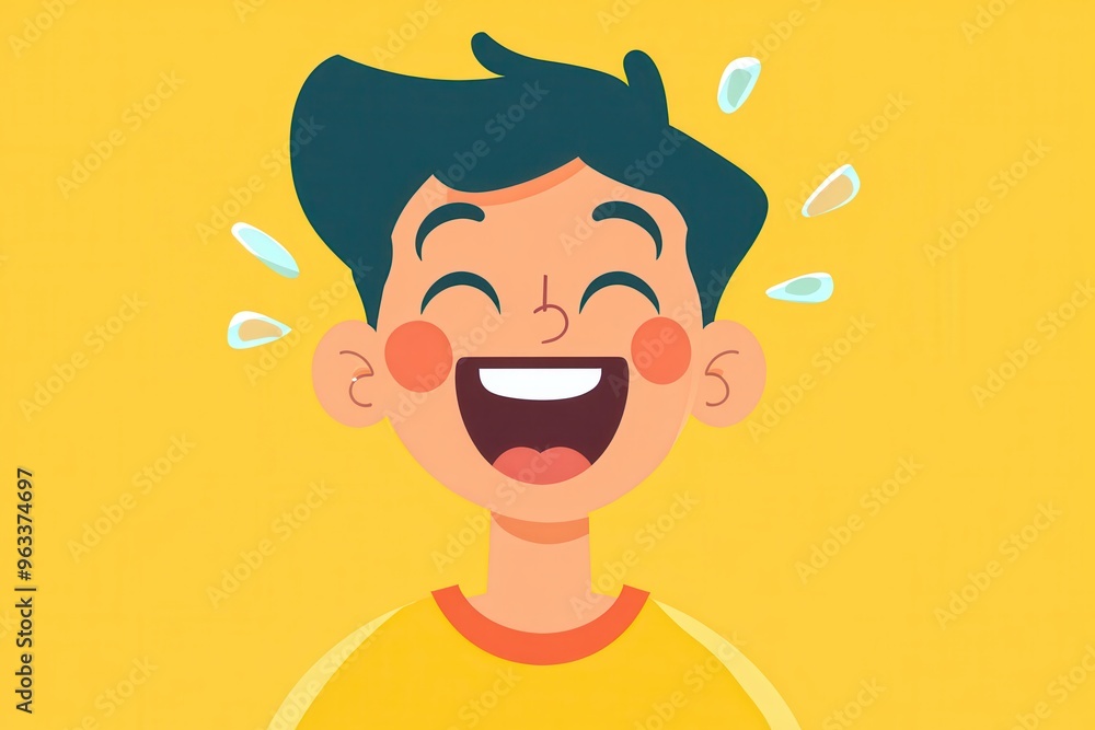 Obraz premium A young boy with a wide smile and rosy cheeks laughs heartily against a yellow background.
