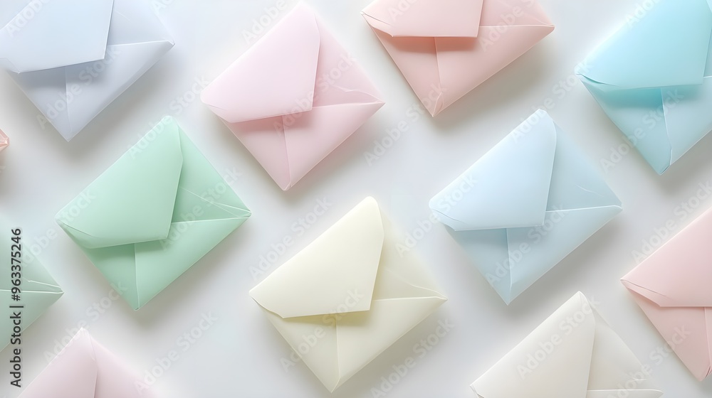 A flat lay of colorful pastel envelopes arranged on a white background, ideal for invitations, greetings, or stationery designs. A flat lay of colorful pastel envelopes arranged on a white background, ideal for invitations, greetings, or stationery designs.