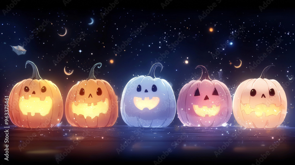 Five glowing jack-o'-lanterns against a starry sky. Five glowing jack-o'-lanterns against a starry sky.