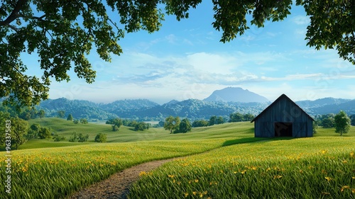 Morning harvest, barnyard with dew-covered crops.
