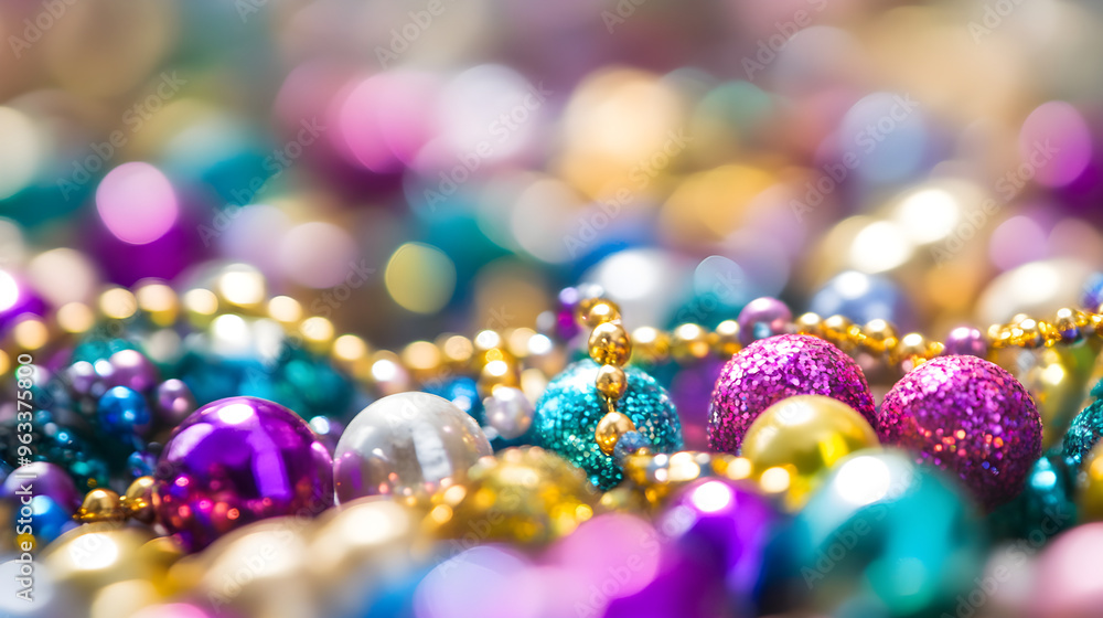 A close-up image of traditional mardi gras beads in vibrant colors creating a festive and cheerful atmosphere A close-up image of traditional mardi gras beads in vibrant colors creating a festive and cheerful atmosphere