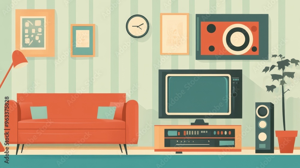 Retro living room interior with a couch, TV, and vintage decor. Retro living room interior with a couch, TV, and vintage decor.