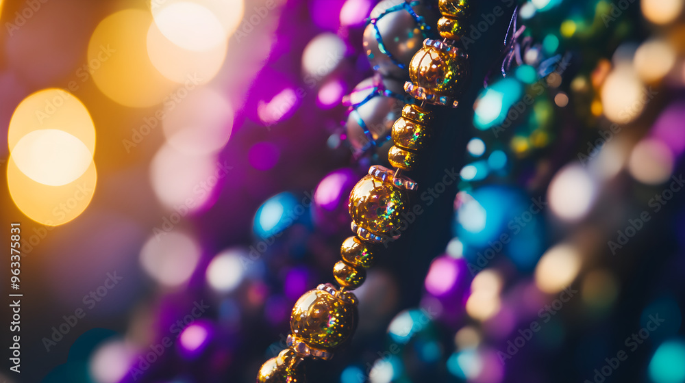 A close-up image of vibrant traditional Mardi Gras beads with colorful bokeh lights creating a festive atmosphere A close-up image of vibrant traditional Mardi Gras beads with colorful bokeh lights creating a festive atmosphere