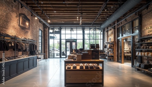 Modern retail store interior with exposed brick walls, large windows, and wood accents.  A sleek and inviting space for shopping.