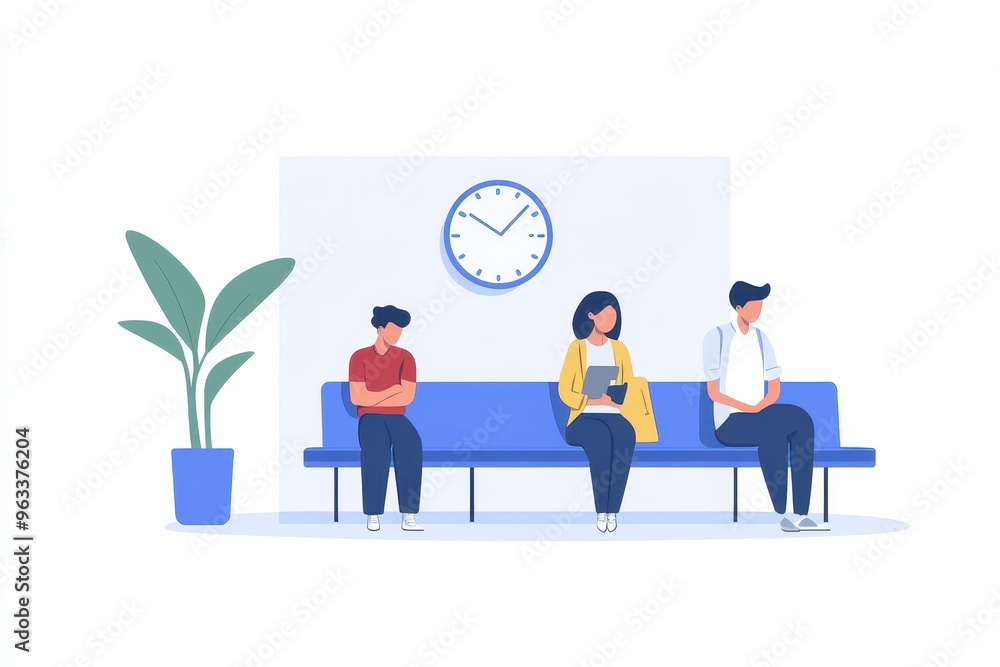 Three people sitting on a bench in a waiting room. They are waiting for something, maybe an appointment or a meeting. Three people sitting on a bench in a waiting room. They are waiting for something, maybe an appointment or a meeting.