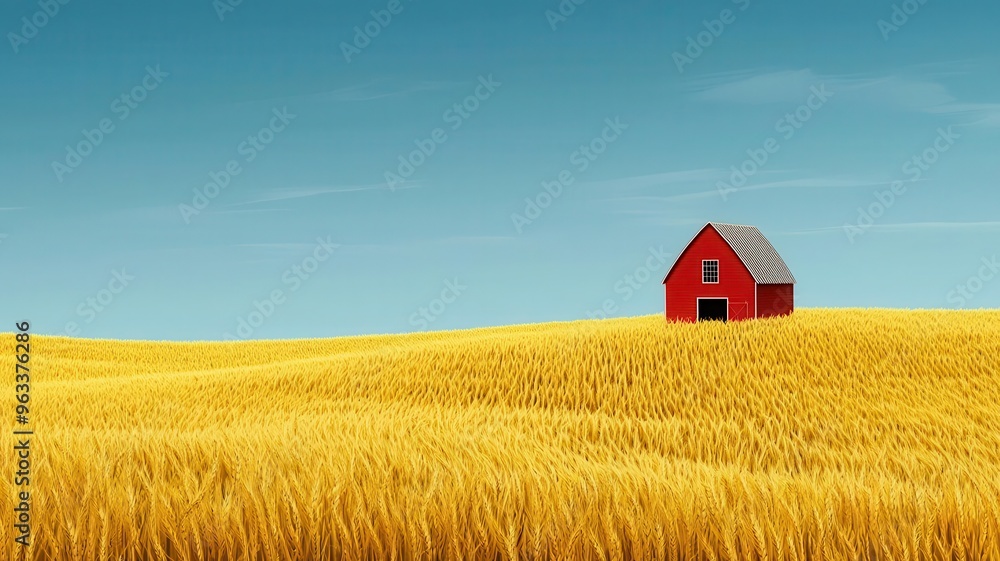 Golden wheat fields, barnyard with harvest tools, 3D illustration Golden wheat fields, barnyard with harvest tools, 3D illustration