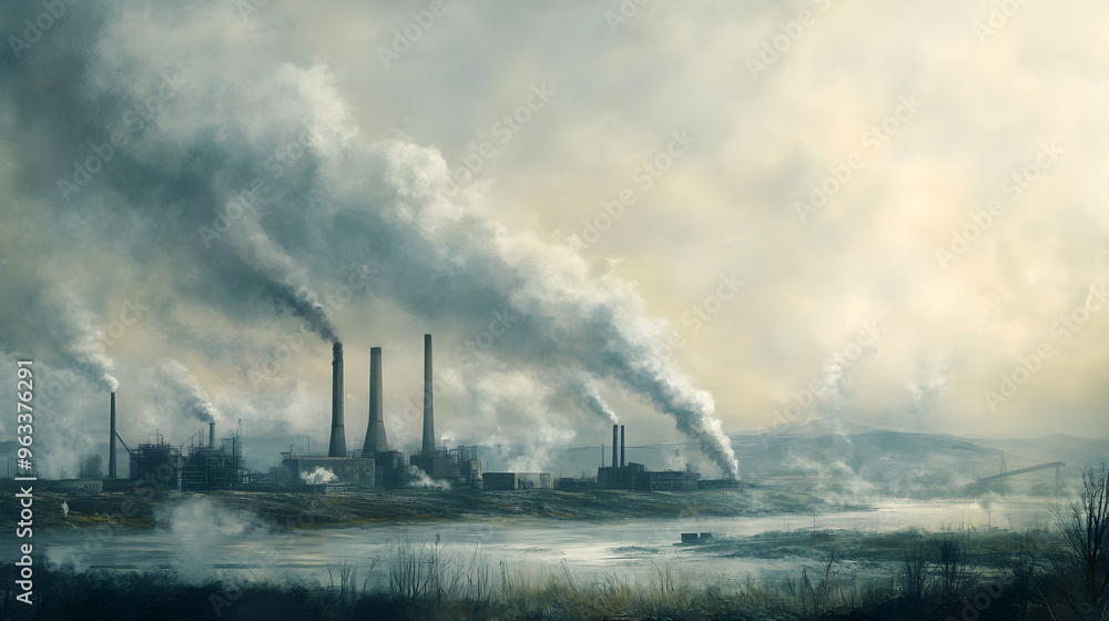 A factory with smoking chimneys releases thick plumes of smoke into the sky, highlighting industrial activity and pollution in a misty landscape A factory with smoking chimneys releases thick plumes of smoke into the sky, highlighting industrial activity and pollution in a misty landscape