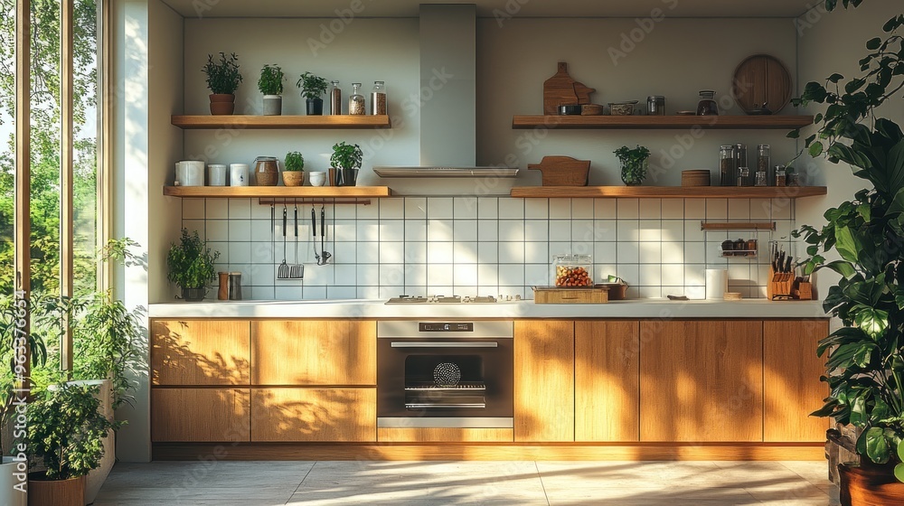 Modern kitchen with wooden cabinets and greenery for a cozy ambiance. Modern kitchen with wooden cabinets and greenery for a cozy ambiance.