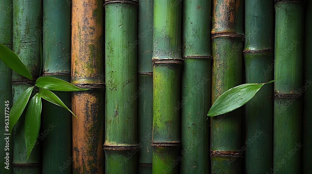 Close-up of green bamboo stalks with small leaves on top, arranged in rows against a dark background. Close-up of green bamboo stalks with small leaves on top, arranged in rows against a dark background.