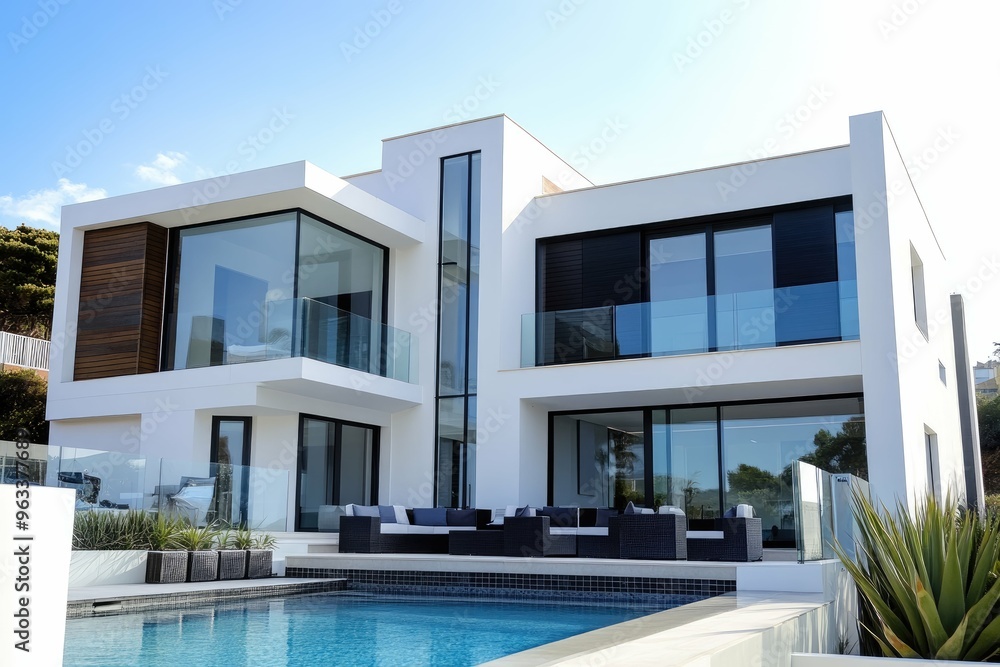 Modern house with swimming pool with blue sky and white clouds. Created with Ai Modern house with swimming pool with blue sky and white clouds. Created with Ai