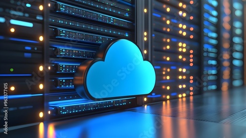 A modern cloud symbol against a backdrop of illuminated server racks, showcasing digital technology and data storage.