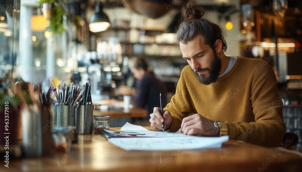 Entrepreneur sketching ideas alone in a quiet cafe, representing the creative solitude of independent work, solo economy, creativity in isolation Entrepreneur sketching ideas alone in a quiet cafe, representing the creative solitude of independent work, solo economy, creativity in isolation