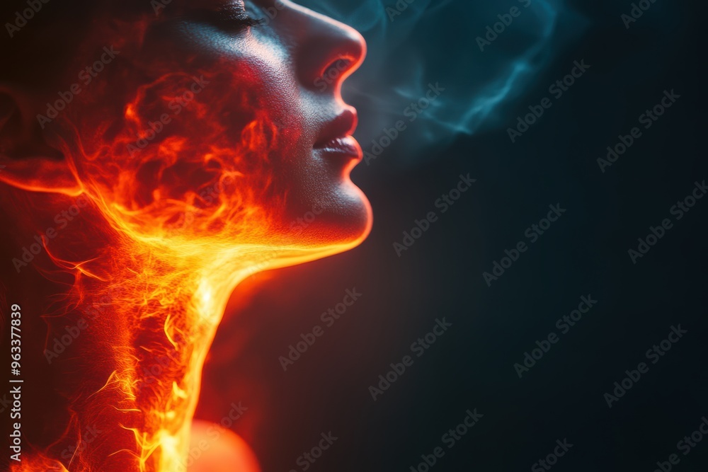 A striking portrayal of a womans profile, adorned with fiery elements The glow contrasts with a smoky backdrop, evoking a sense of strength and transformation A striking portrayal of a womans profile, adorned with fiery elements The glow contrasts with a smoky backdrop, evoking a sense of strength and transformation
