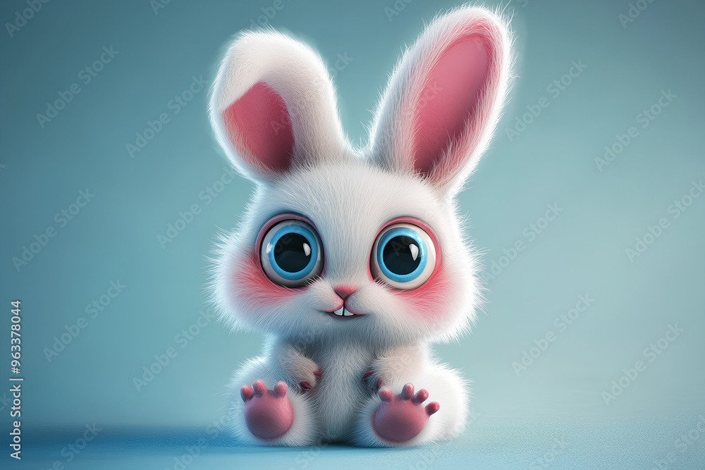 Fototapeta premium A cute, white, fluffy bunny rabbit with pink ears and big blue eyes sits on a blue background.