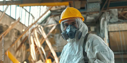 Asbestos Removal Specialist Carefully Dismantling Hazardous Materials from Old Building photo