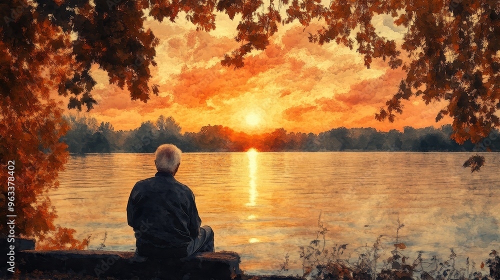Reflections of a Lifetime: Elderly Man Contemplating Past Joys During Sunset in Watercolor Style
