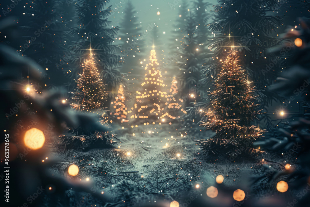 Naklejka premium Magical forest path lit by fairy lights leading into the woods