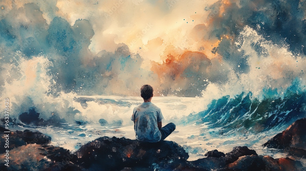 Emotional Teenage Boy Observing Waves Crashing Against Rocks in Watercolor Style Emotional Teenage Boy Observing Waves Crashing Against Rocks in Watercolor Style