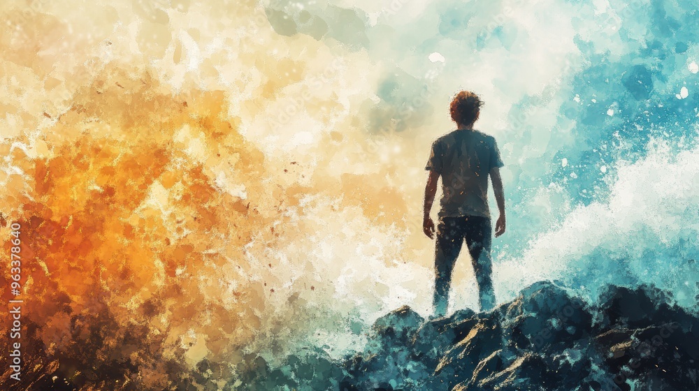 Fototapeta premium Contemplative Teenage Boy by the Sea - Watercolor Illustration of Emotions Amid Crashing Waves