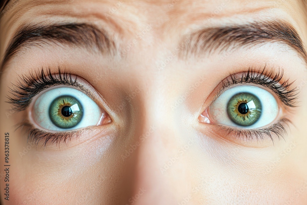 Close-up of an expressive face showing wide eyes filled with surprise and curiosity, capturing an intense emotional moment. Close-up of an expressive face showing wide eyes filled with surprise and curiosity, capturing an intense emotional moment.