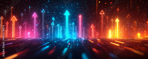 Wallpaper Mural creating the concept of growth, progress and upward mobility. Colorful upward arrows representing growth and progress set against a dark background with glowing effects at night Torontodigital.ca