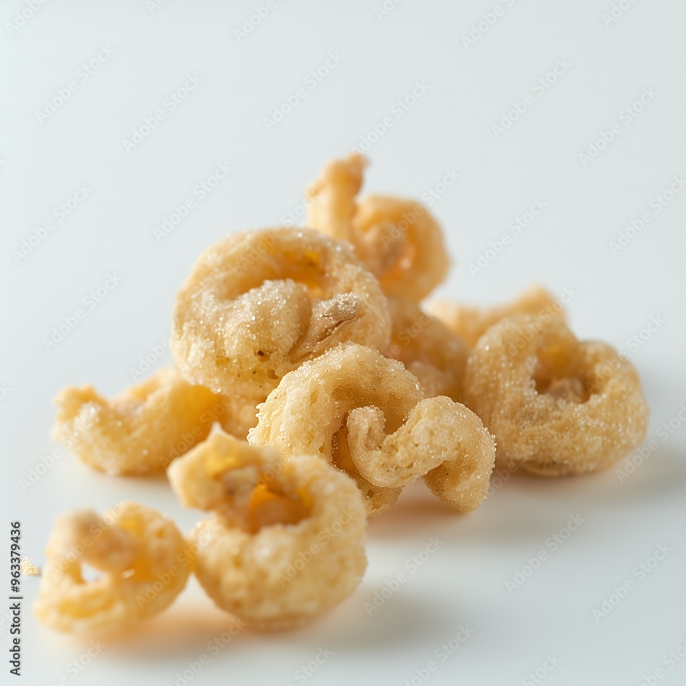 Close-up of crispy golden-brown pork rinds on a white background. Close-up of crispy golden-brown pork rinds on a white background.
