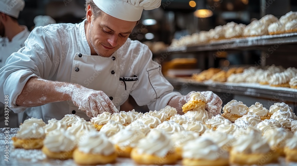 Pastry chef preparing cream-filled desserts in a bakery. Pastry chef preparing cream-filled desserts in a bakery.
