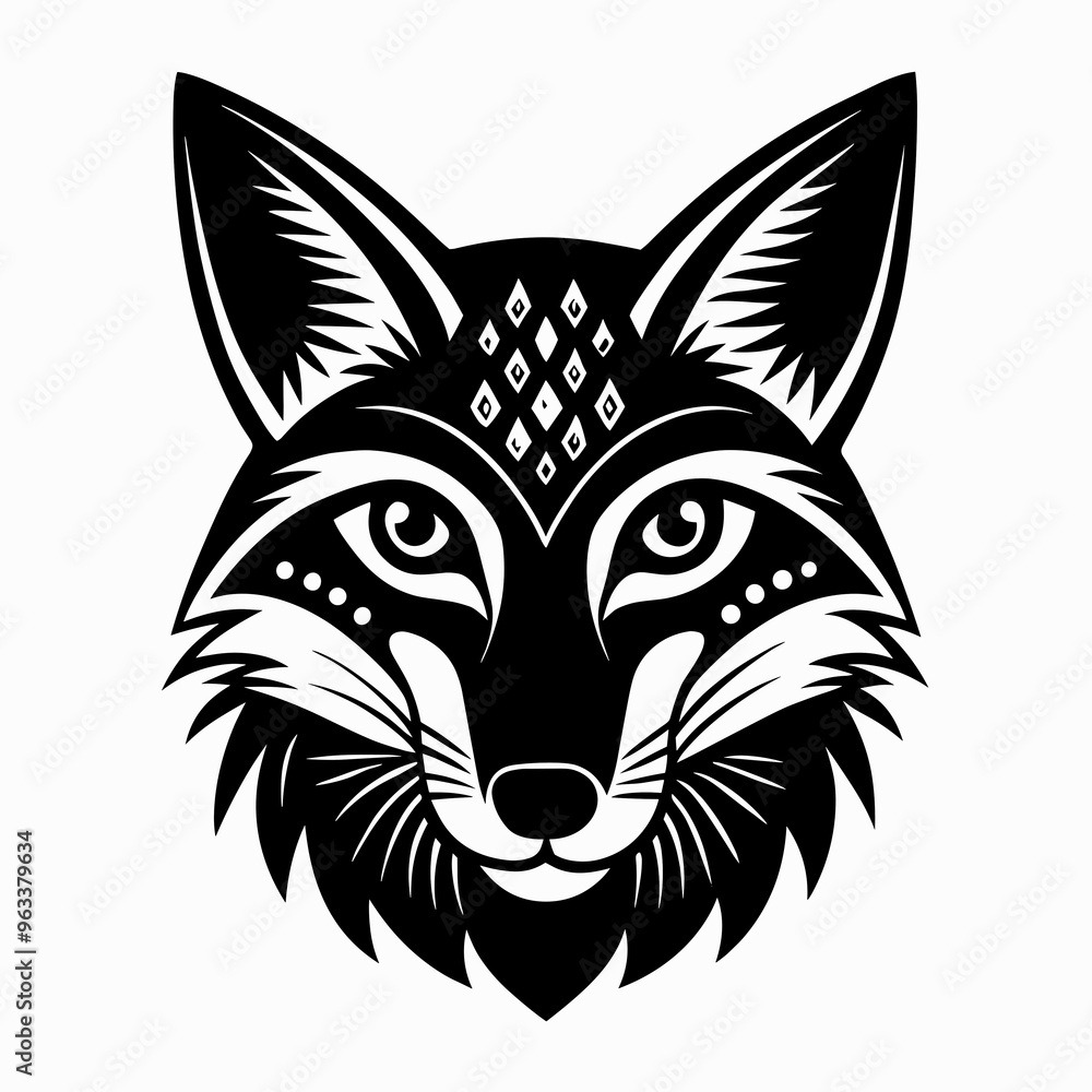 Fototapeta premium Cunning Fox Face with Decorative Patterns in Black and White Graphic Style