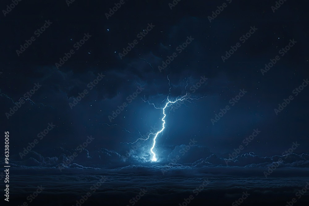 A Single Bolt of Lightning Illuminates a Starry Night Sky Above a Sea of Clouds. A Single Bolt of Lightning Illuminates a Starry Night Sky Above a Sea of Clouds.