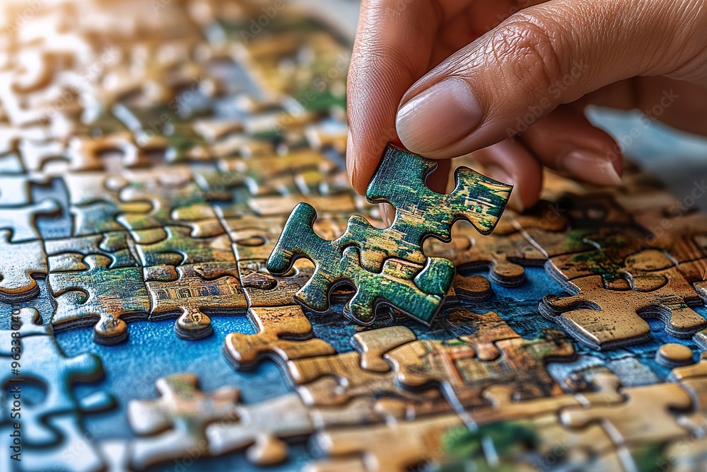 A close up of a person assembling a jigsaw puzzle with intricate pieces and a partially completed image A close up of a person assembling a jigsaw puzzle with intricate pieces and a partially completed image