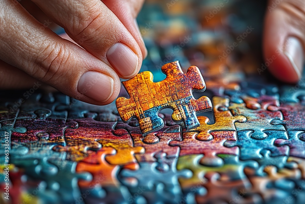 A close up of a person assembling a jigsaw puzzle with intricate pieces and a partially completed image A close up of a person assembling a jigsaw puzzle with intricate pieces and a partially completed image