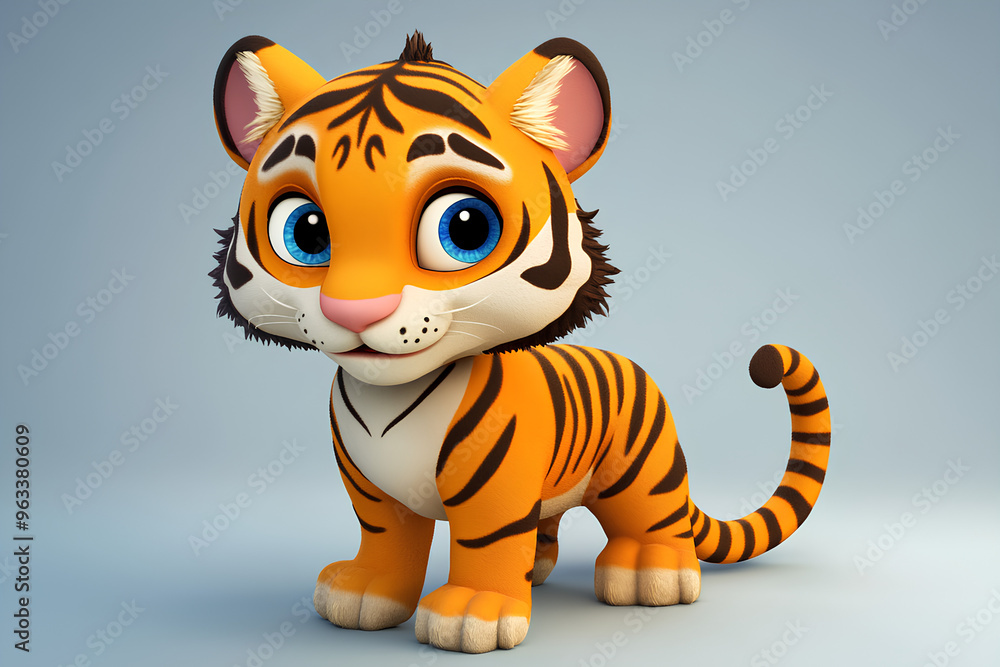 Cute cartoon tiger cub with blue eyes and orange and black stripes standing on a light blue background. Cute cartoon tiger cub with blue eyes and orange and black stripes standing on a light blue background.