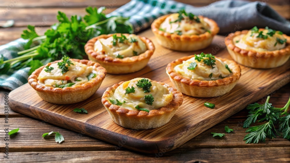 Mini pies with chicken, cheese, and herbs displayed on a wooden board Mini pies with chicken, cheese, and herbs displayed on a wooden board