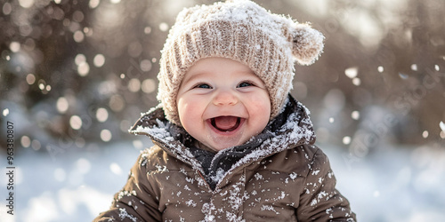 Child laughing in snow, wearing winter clothes, outdoor scene photo