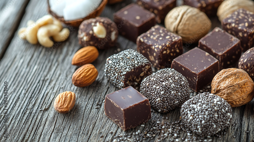 Assorted vegan sweets with seeds, dried fruits, nuts and cocoa. Healthy candies with chia seeds, sesame, coconut and truffles on a wooden background. Assorted vegan sweets with seeds, dried fruits, nuts and cocoa. Healthy candies with chia seeds, sesame, coconut and truffles on a wooden background.
