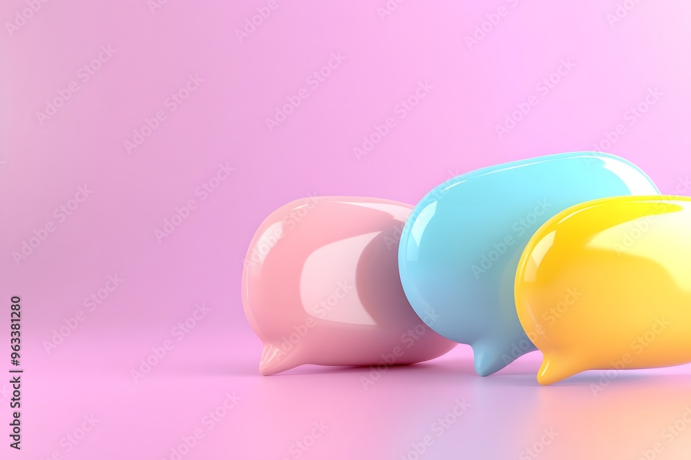 3D speech bubbles in yellow, pink, and blue on a solid background 3D speech bubbles in yellow, pink, and blue on a solid background