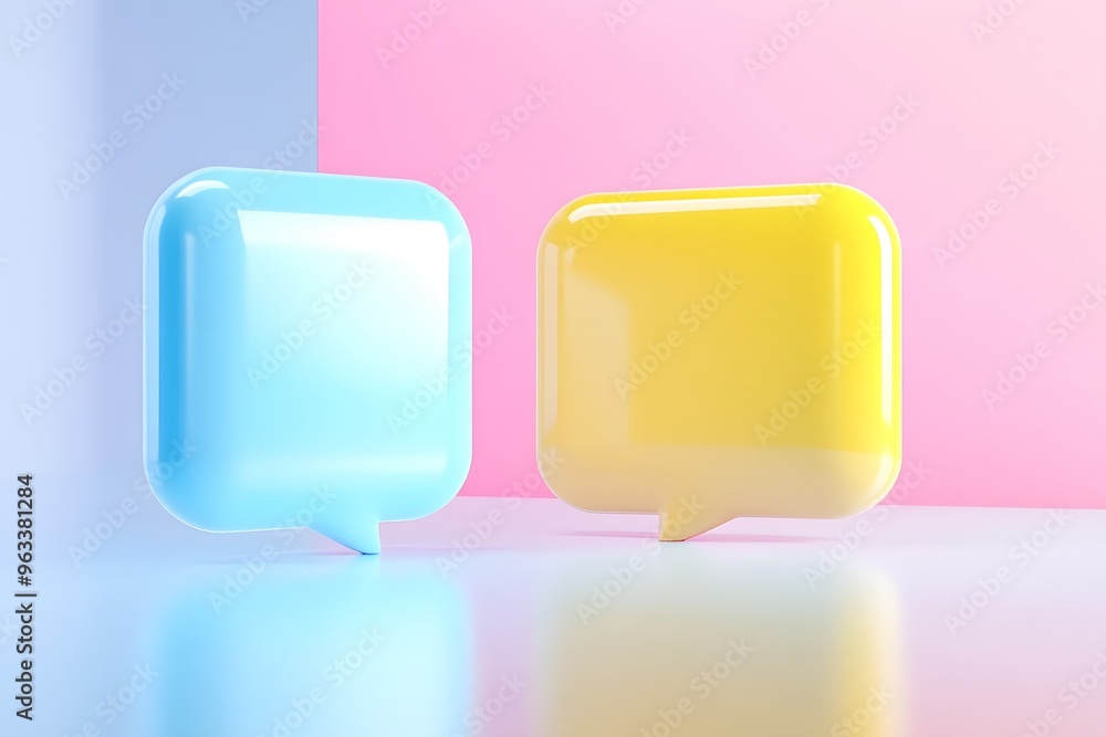 3D speech bubbles in yellow, pink, and blue on a solid background 3D speech bubbles in yellow, pink, and blue on a solid background