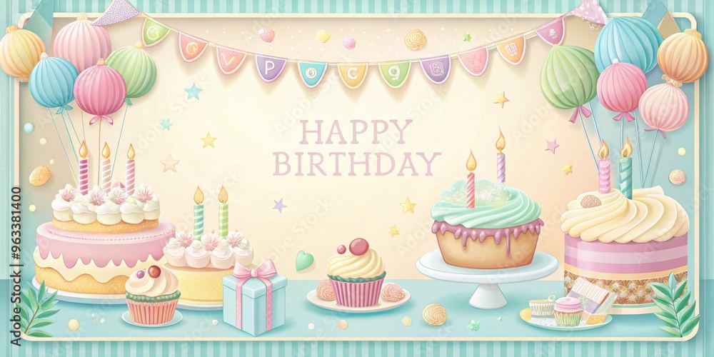 Happy birthday card or invitation with copy space featuring pastel colored cakes in the background Happy birthday card or invitation with copy space featuring pastel colored cakes in the background