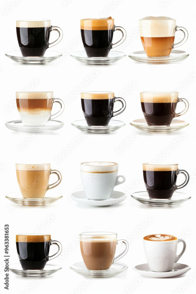 Eight different specialty coffee drinks in glass cups on saucers showing variety of coffee drinks