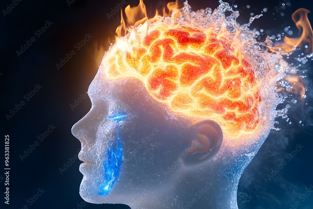 Obraz premium A human head with a brain made of fire and water, dark blue blurry background.
