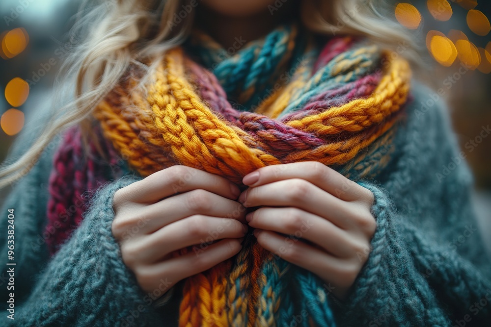 A close up of hands expertly knitting colorful yarn into a cozy scarf with a warm inviting background A close up of hands expertly knitting colorful yarn into a cozy scarf with a warm inviting background