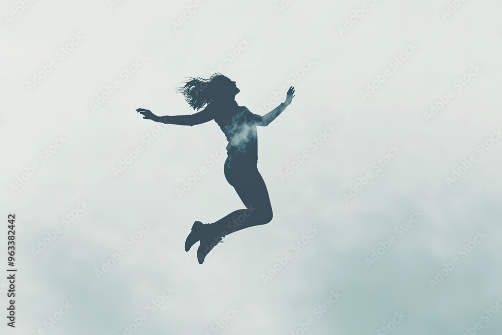 A Silhouette of Freedom: A woman leaps into a sky filled with ethereal clouds, her silhouette a testament to boundless joy and unbridled spirit. A Silhouette of Freedom: A woman leaps into a sky filled with ethereal clouds, her silhouette a testament to boundless joy and unbridled spirit.