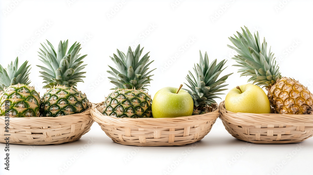 Fresh pineapples and apples in wicker baskets. Fresh pineapples and apples in wicker baskets.