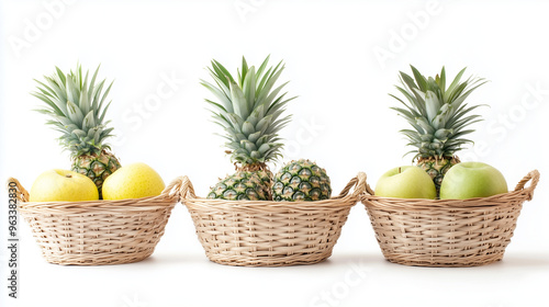 Three wicker baskets with pineapples and apples.