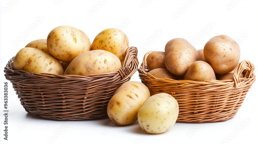 Fresh Potatoes in Wicker Baskets. Fresh Potatoes in Wicker Baskets.