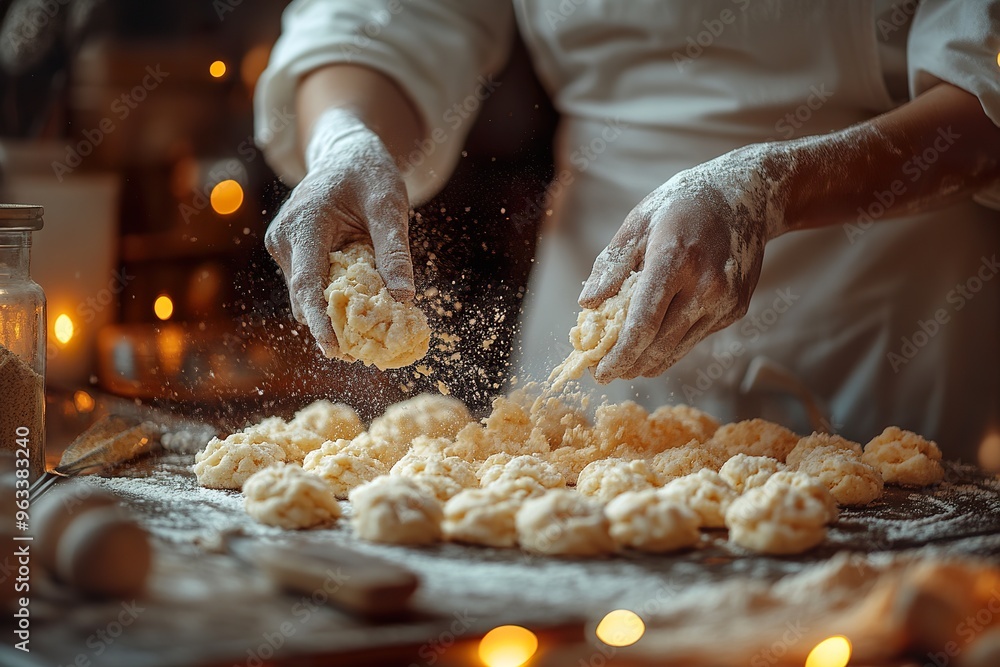 A cozy inviting scene of a person baking cookies in a warmly lit kitchen with flour and baking ingredients visible A cozy inviting scene of a person baking cookies in a warmly lit kitchen with flour and baking ingredients visible