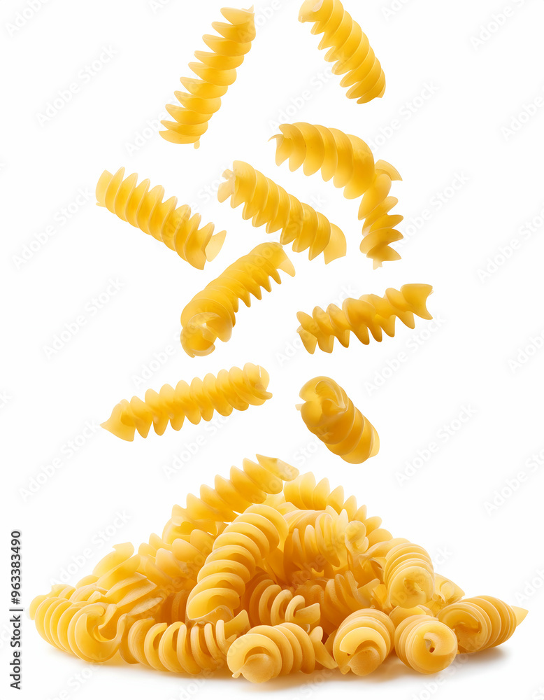 Falling raw Fusilli, Rotini, uncooked Italian Pasta, isolated on white background, full depth of field
